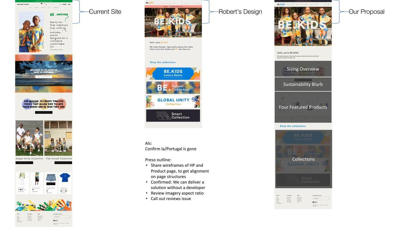 Homepage wireframe comparison — the current BE.Kids site, an alternate design, and the chosen redesign proposal shown side by side