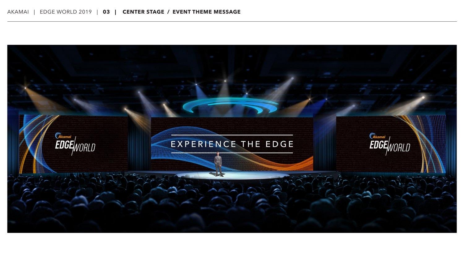 Rendering of the Edge World Center Stage design — a lit keynote stage reading EXPERIENCE THE EDGE between two Edge World side screens above a full audience