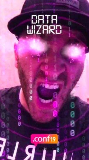 The Data Wizard filter in use — a face with glowing pink eyes and an open mouth beneath a “DATA WIZARD” title, surrounded by falling binary digits