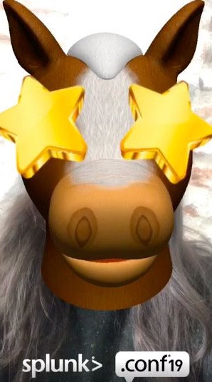 The Buttercup Me filter in use — a full CGI horse head with gold star eyes replacing the user's own, with Splunk .conf19 branding