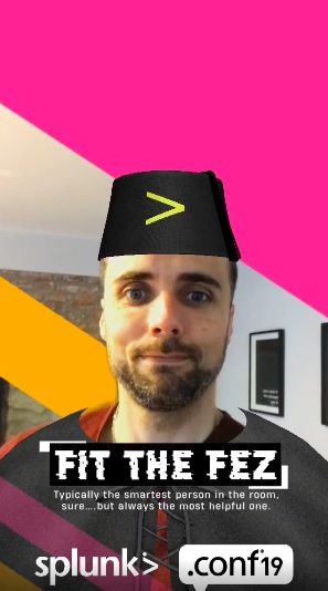 The Fit the Fez filter in use — a CGI fez on the user's head over pink and orange diagonal stripes, with a “Fit the Fez” quote overlay